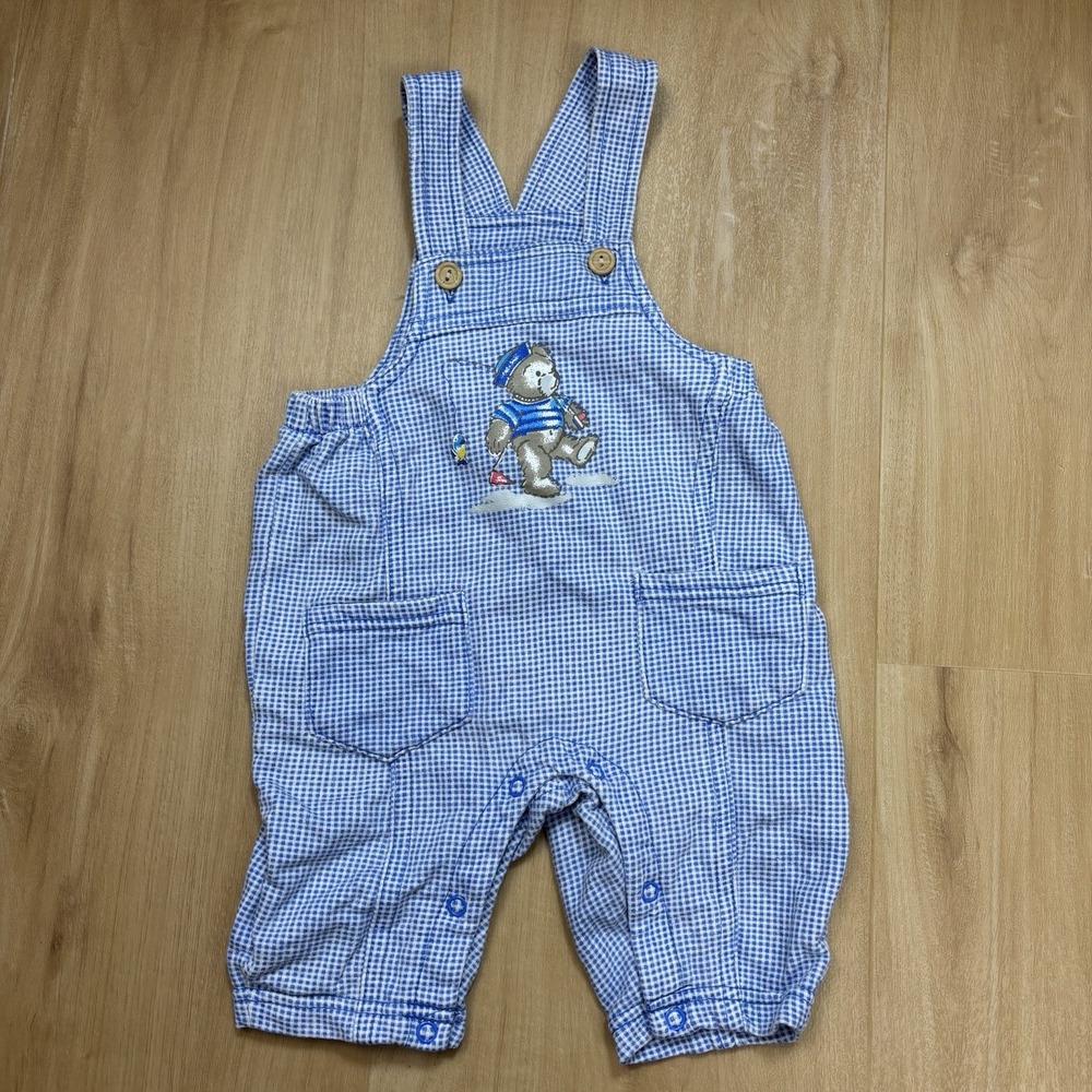 Lullaby Club Baby Boy Overalls Gingham Blue Teddy Bear Fishing 3-6 Months